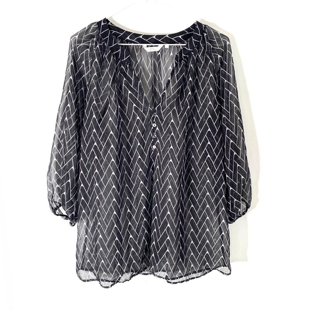 ZOA New York Black White Split Neck Sheer Blouse